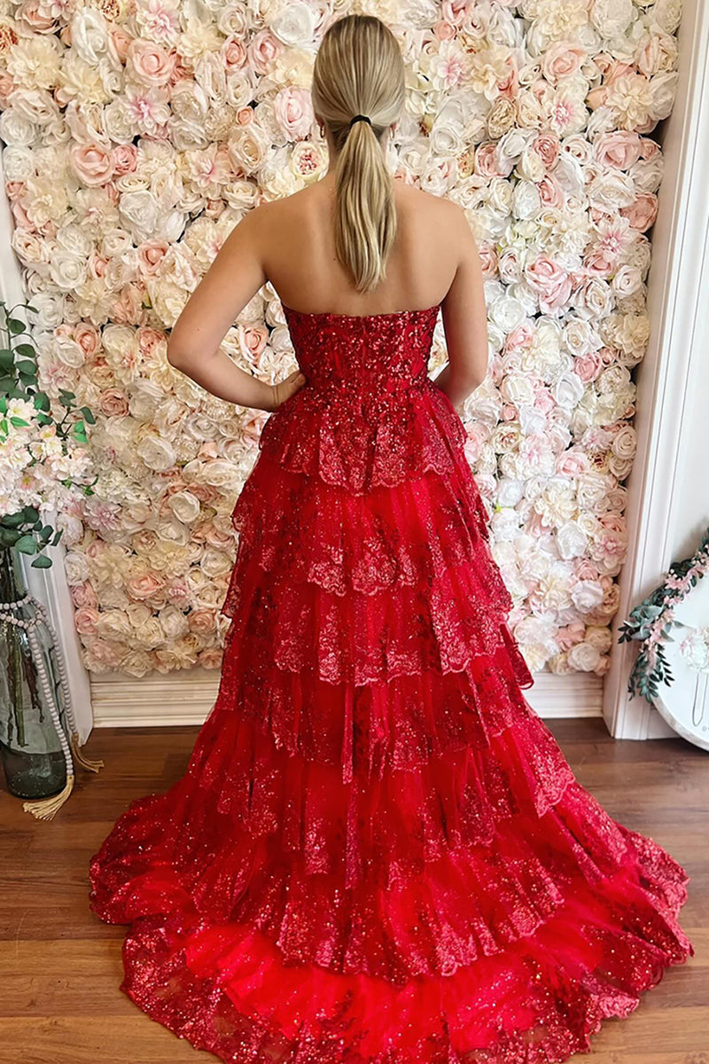 Load image into Gallery viewer, Red Sweetheart Tulle Tiered A-Line Formal Dress with Sequins