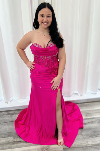 Sparkly Fuchsia Satin Corset Formal Dress with Beading