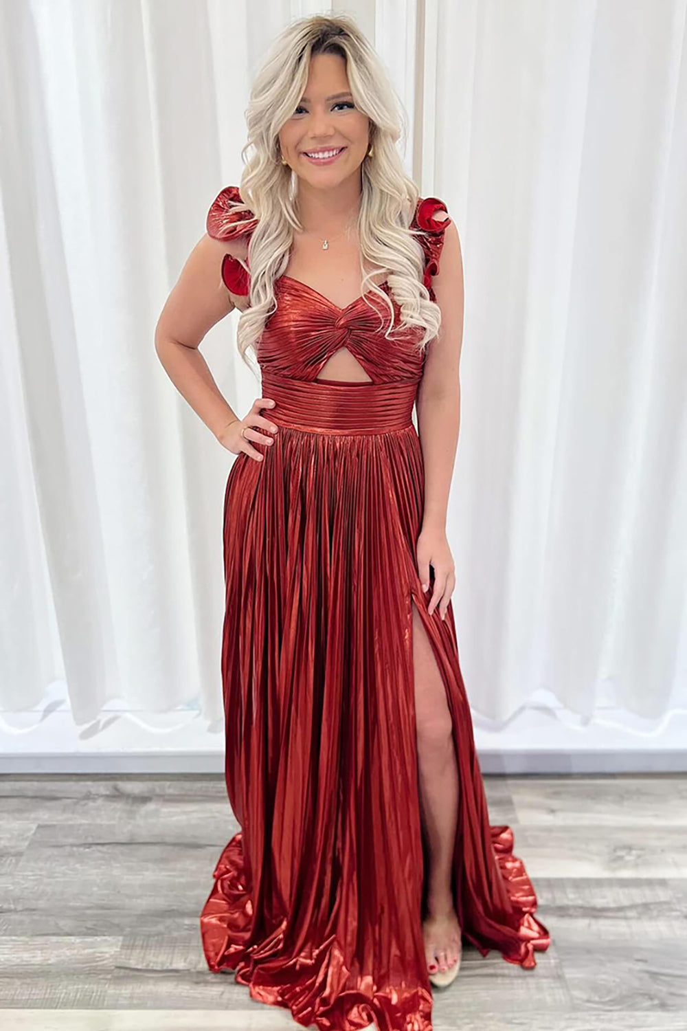 Burgundy Metallic Pleated A-Line Formal Dress with Slit
