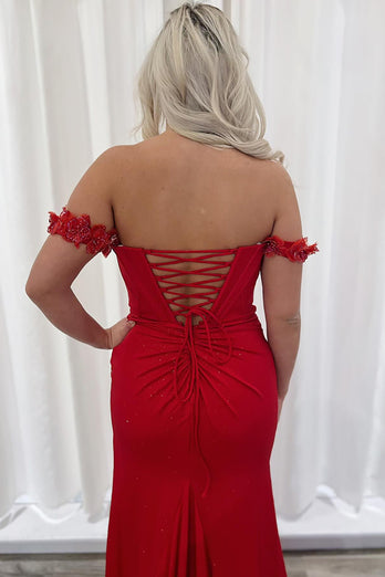Sparkly Red Satin Mermaid Corset Formal Dress with Slit