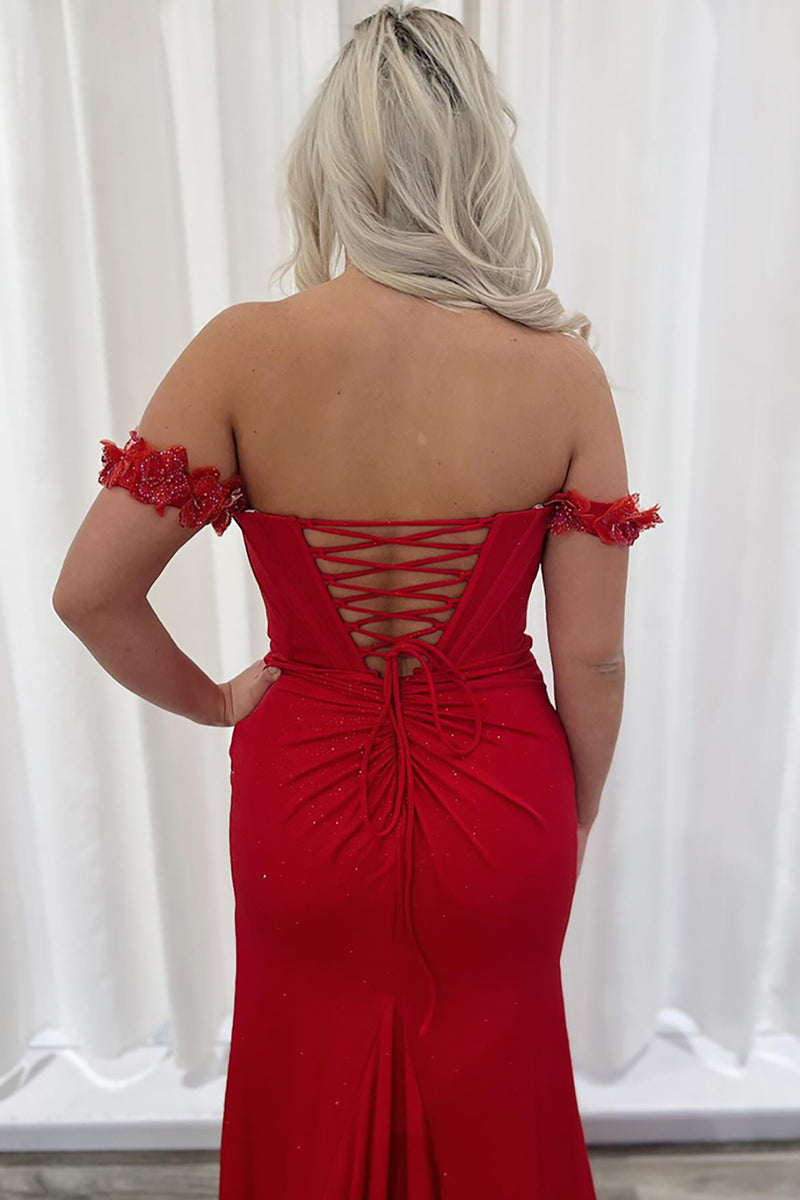 Load image into Gallery viewer, Sparkly Red Satin Mermaid Corset Formal Dress with Slit