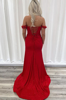 Sparkly Red Satin Mermaid Corset Formal Dress with Slit