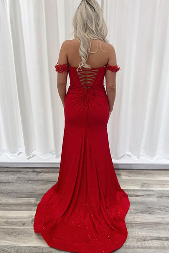 Sparkly Red Satin Mermaid Corset Formal Dress with Slit