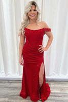 Load image into Gallery viewer, Sparkly Red Satin Mermaid Corset Formal Dress with Slit