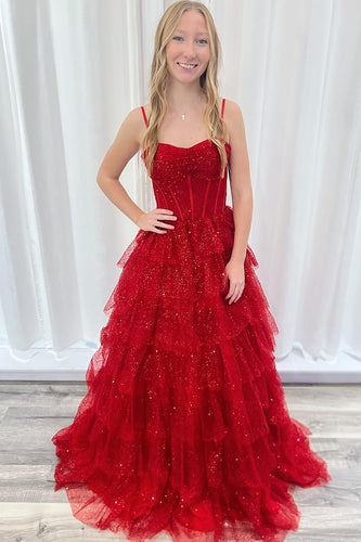 Sparkly Red Spaghetti Straps Tulle Tiered A Line Formal Dress