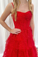 Load image into Gallery viewer, Sparkly Red Spaghetti Straps Tulle Tiered A Line Formal Dress