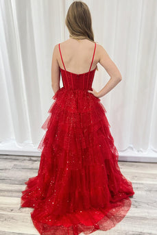 Sparkly Red Spaghetti Straps Tulle Tiered A Line Formal Dress