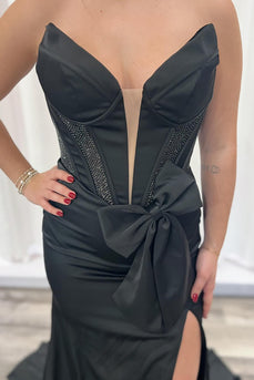 Black Satin Mermaid Long Corset Formal Dress with Slit