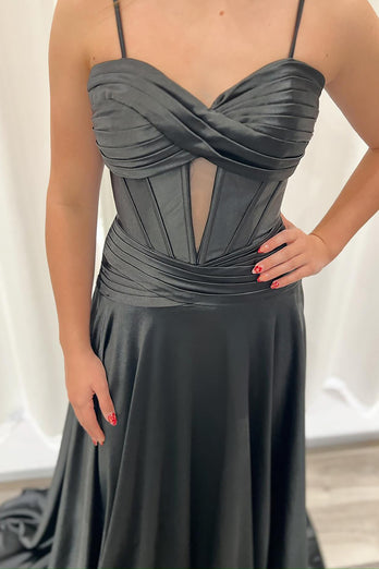 Black Satin Corset A Line Long Formal Dress