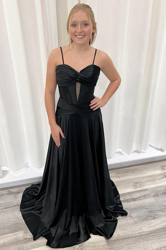 Black Satin Corset A Line Long Formal Dress