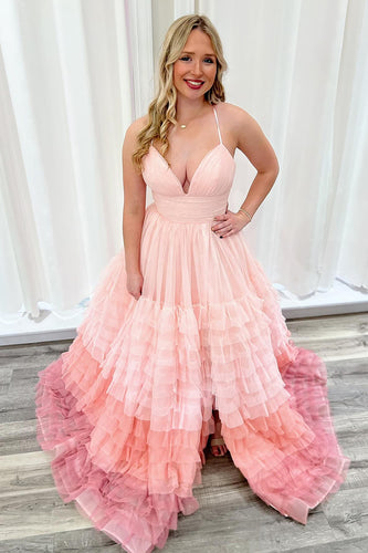 Pink Spaghetti Straps Tulle Tiered A Line Long Formal Dress