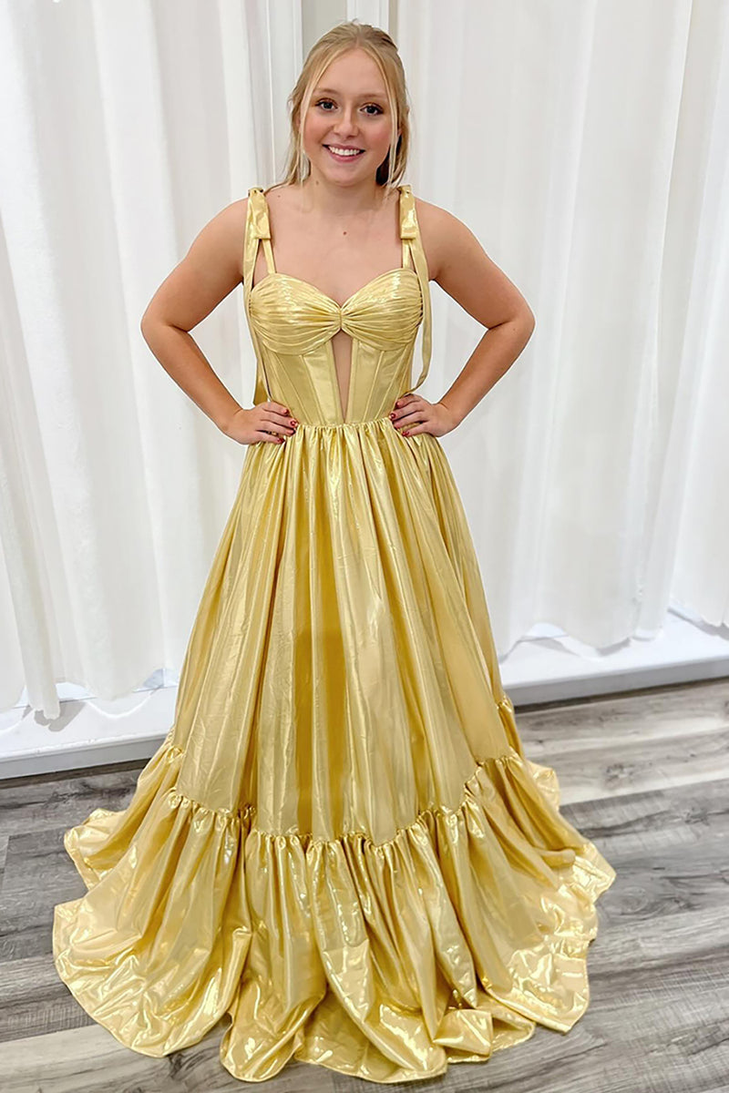 Load image into Gallery viewer, Gold Metallic Spaghetti Straps Corset A Line Long Formal Dress
