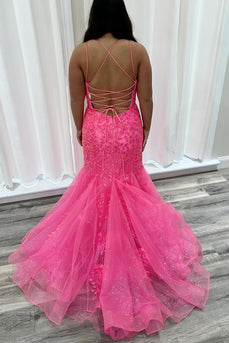 Fuchsia Spaghetti Straps Tulle Mermaid Formal Dress with Sequins