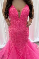 Load image into Gallery viewer, Fuchsia Spaghetti Straps Tulle Mermaid Formal Dress with Sequins
