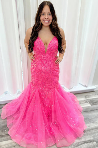 Fuchsia Spaghetti Straps Tulle Mermaid Formal Dress with Sequins