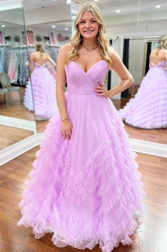 Lilac Sweetheart Tulle Tiered A Line Long Formal Dress