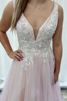 Load image into Gallery viewer, Pink V Neck Tulle A Line Long Formal Dress with Appliques