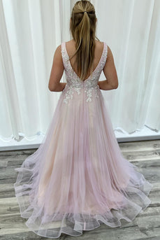 Pink V Neck Tulle A Line Long Formal Dress with Appliques