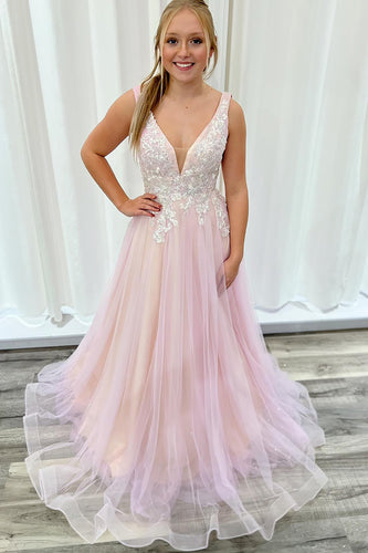 Pink V Neck Tulle A Line Long Formal Dress with Appliques