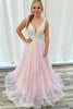 Load image into Gallery viewer, Pink V Neck Tulle A Line Long Formal Dress with Appliques