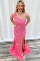 Load image into Gallery viewer, Sparkly Pink One Shoulder Sequin Long Formal Dress with Slit