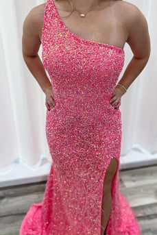 Sparkly Pink One Shoulder Sequin Long Formal Dress with Slit