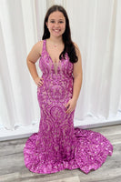 Load image into Gallery viewer, Sparkly Hot Pink Deep V-neck Long Mermaid Formal Dress