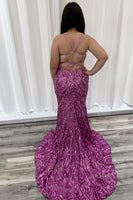 Load image into Gallery viewer, Sparkly Hot Pink Deep V-neck Long Mermaid Formal Dress