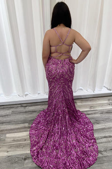 Sparkly Hot Pink Deep V-neck Long Mermaid Formal Dress