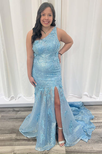 Sparkly Blue One Shoulder Mermaid Formal Dress with Appliques