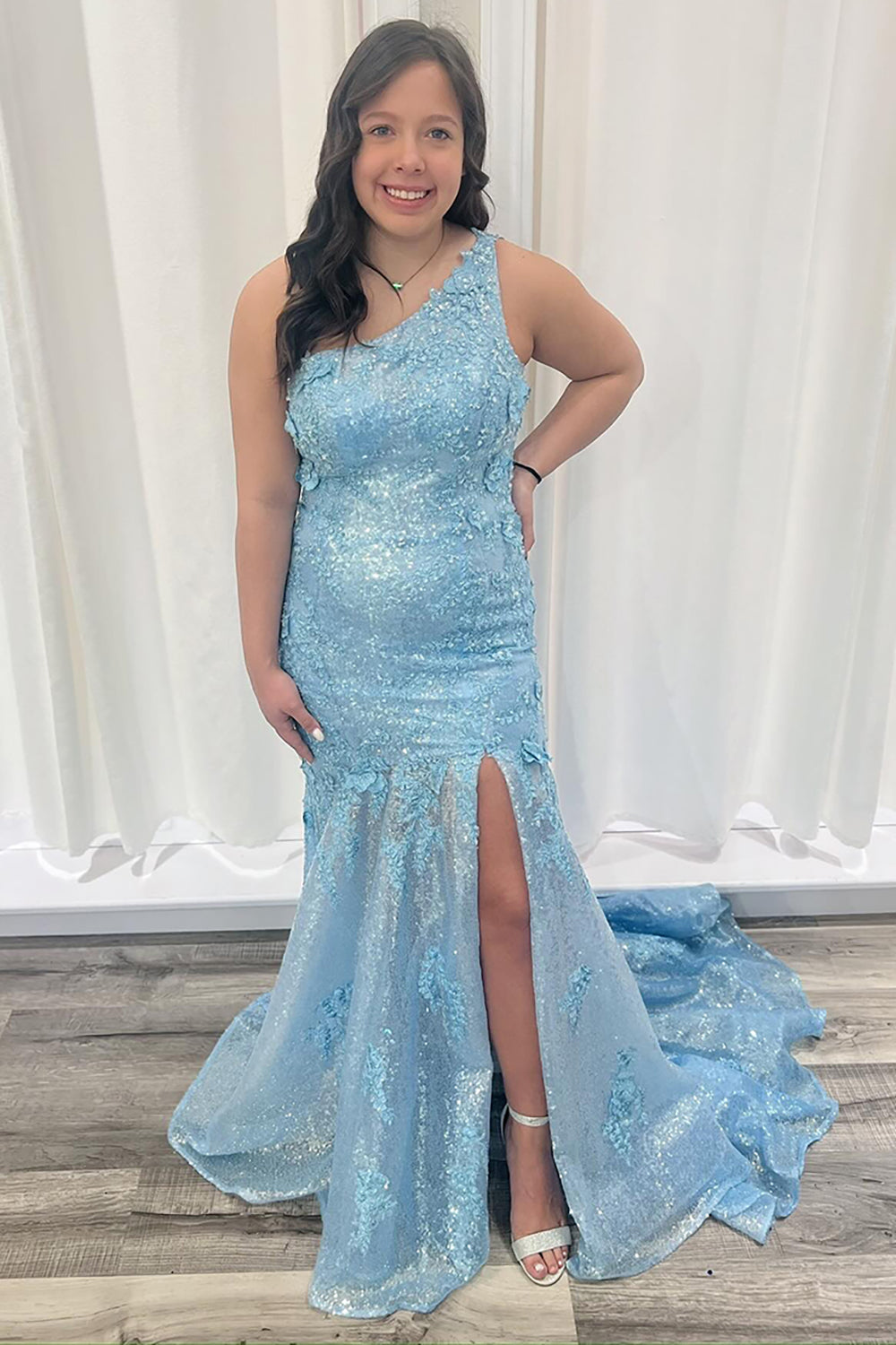 Sparkly Blue One Shoulder Mermaid Formal Dress with Appliques