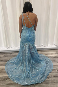 Sparkly Blue One Shoulder Mermaid Formal Dress with Appliques