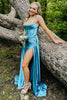 Load image into Gallery viewer, Blue Spaghetti Straps Satin Corset Fromal Dress with Slit