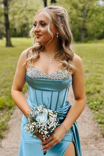 Blue Spaghetti Straps Satin Corset Fromal Dress with Slit