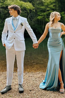 Load image into Gallery viewer, Blue Spaghetti Straps Satin Corset Fromal Dress with Slit