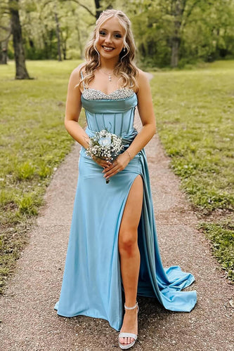 Blue Spaghetti Straps Satin Corset Fromal Dress with Slit