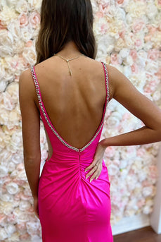Fuchsia Satin Long Mermaid Formal Dress with Beading