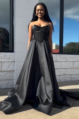 Black Satin Corset A Line Long Formal Dress with Appliques
