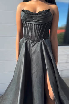 Black Satin Corset A Line Long Formal Dress with Appliques