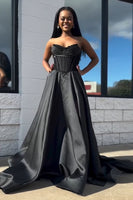 Load image into Gallery viewer, Black Satin Corset A Line Long Formal Dress with Appliques