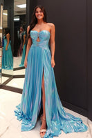 Load image into Gallery viewer, Blue Metallic Pleated Long A-Line Formal Dress with Slit