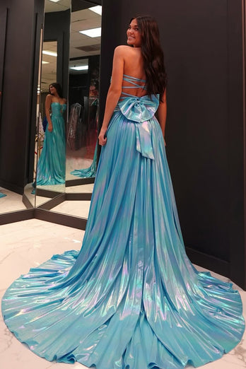 Blue Metallic Pleated Long A-Line Formal Dress with Slit