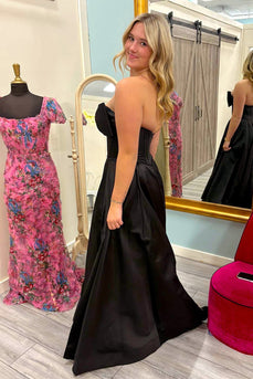 Black Sweetheart Satin A Line Formal Dress with Bow