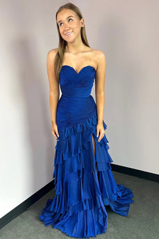 Royal Blue Sweetheart Chiffon Tiered Formal Dress with Slit