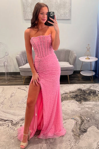 Sparkly Pink Sequin Long Corset Formal Dress with Slit