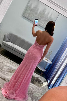 Sparkly Pink Sequin Long Corset Formal Dress with Slit