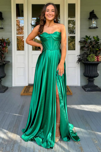 Royal Blue Satin A Line Corset Formal Dress with Slit