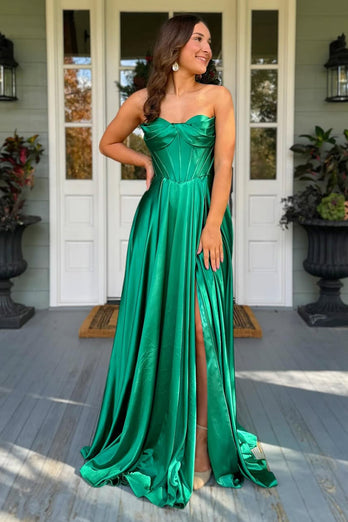 Royal Blue Satin A Line Corset Formal Dress with Slit