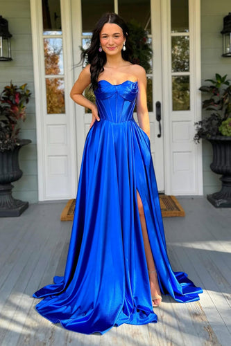 Royal Blue Satin A Line Corset Formal Dress with Slit