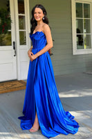 Load image into Gallery viewer, Royal Blue Satin A Line Corset Formal Dress with Slit
